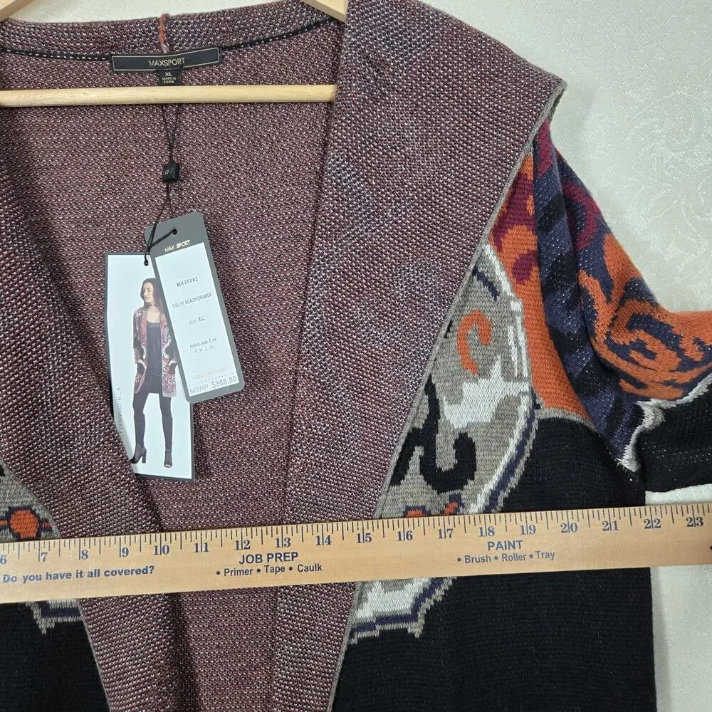 Max Sport Hooded Longline Cardigan XL Black Orange Open Front Pockets $368 SRP - Picture 13 of 16